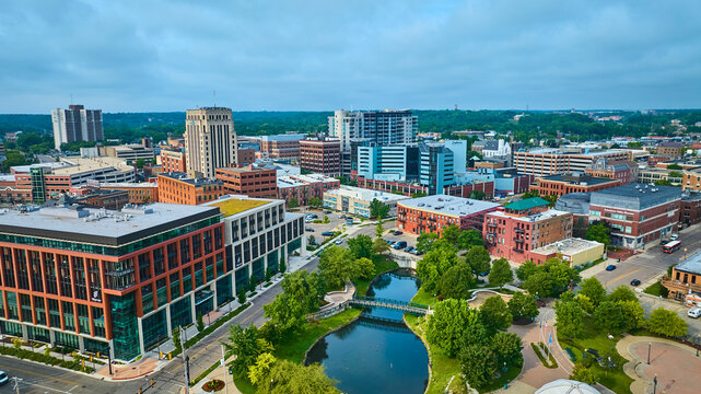 Aerial View of Kalamazoo Park and Downtown Skyline