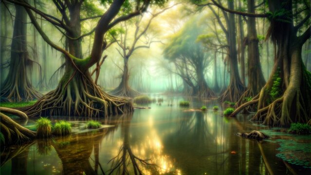  Enchanted Swamp with Mystical Trees and Reflections in Calm Water