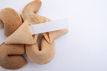Delicious fortune cookies. Chinese cookies with empty space inside for words of fortune. Space for text 