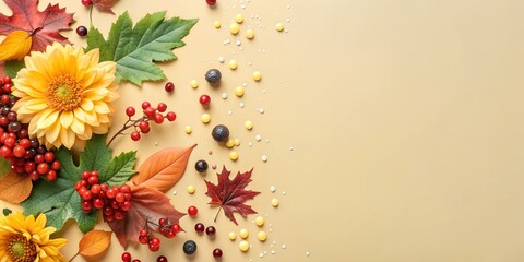 beautiful autumn background, leaves, berries and flowers.