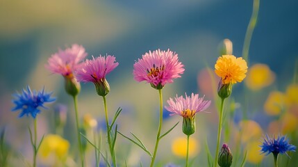 Macro Close up of Vibrant Colorful Wildflowers Blooming in Serene Lush Green Meadow Abundant Floral Nature Scene