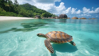 Sea turtle swims in clear turquoise water.