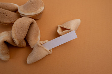 Delicious fortune cookies. Chinese cookies with empty space inside for words of fortune. Space for...