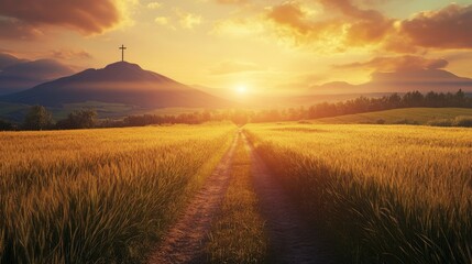 Obraz premium Concept of the journey towards destiny and spirituality.Landscape of crop fields and grassy meadows at sunset and road or path to the mountain with cross on top with generative ai