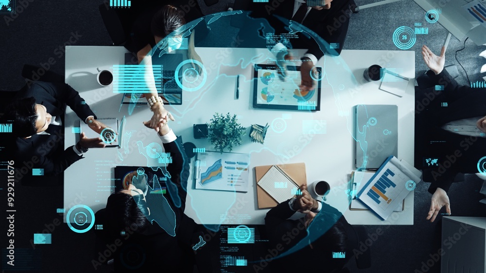 Poster top down aerial view of skilled business team listening manager present global networking system whi