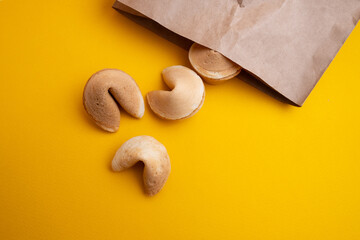 Delicious fortune cookies. Chinese cookies with empty space inside for words of fortune. Space for text 

