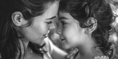 Fototapeta premium A heartwarming moment between a mother and daughter in a black and white setting