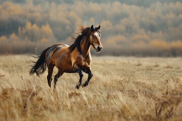 A wild horse strolls through golden fields during sunset, creating a serene and picturesque scene in an open landscape