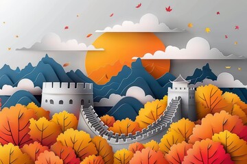 Colorful illustration of the Great Wall of China against vivid autumn foliage and mountains