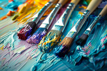 Fototapeta premium Close-up of a brush laying on a canvas of abstract art for a beautiful painting. Artistic paintbrushes and palette knifes on an old wooden palette