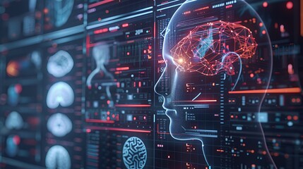 Fototapeta premium A digital representation of the human brain with neural connections and data visualizations.