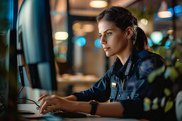 Uniformed female black police officer at a police station, Computer monitors and big digital screens with surveillance cameras video footage.