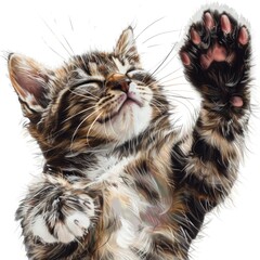 A cat stretching up to catch a flying frisbee