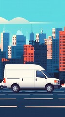 Delivery van in city traffic, flat design illustration