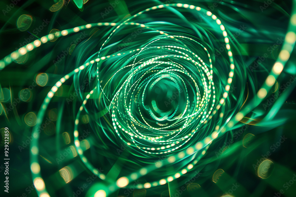 Poster shiny wavy path. endless light tunnel made of many green swirl curves lines. rotating dynamic neon c