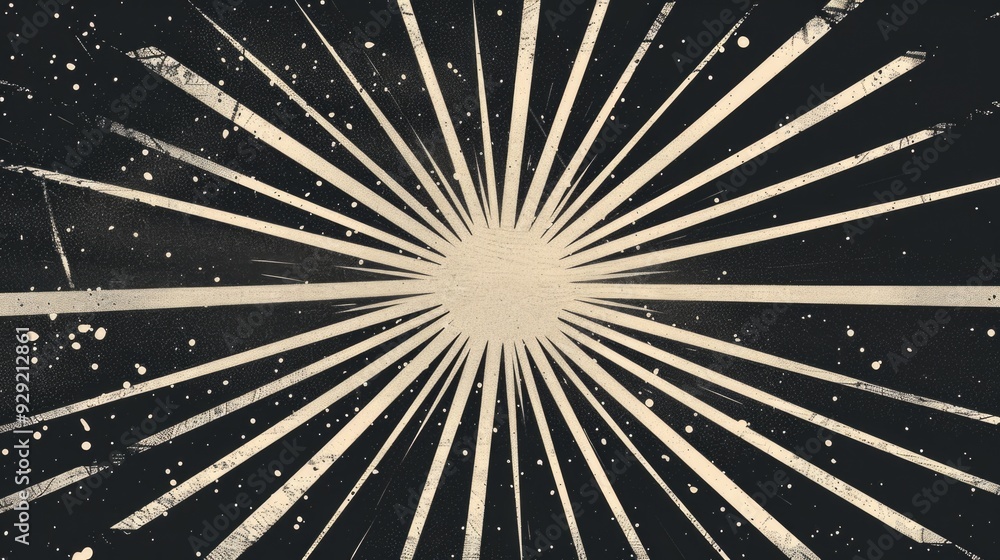 Poster a black and white photograph of a sunburst, suitable for use in design projects or as a background i