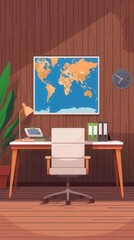 Logistics office, map on wall, flat design illustration