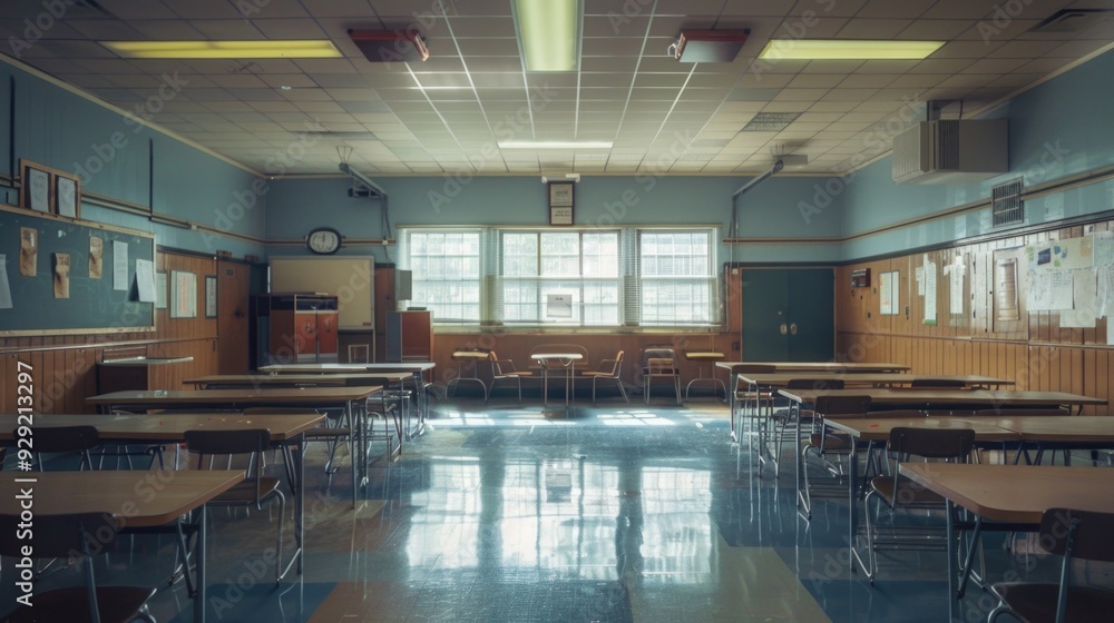 Poster A typical school classroom with desks and a clock on the wall, suitable for educational or office settings