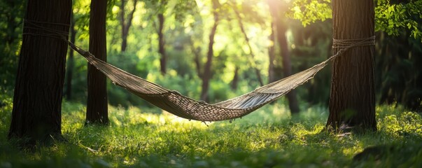 A peaceful empty hammock hangs between trees in a lush green forest with sunlight streaming through, creating a serene natural atmosphere.