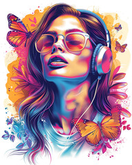 Naklejka premium Colorful poster portrait of a woman wearing headphones surrounded by butterflies and flowers, white background