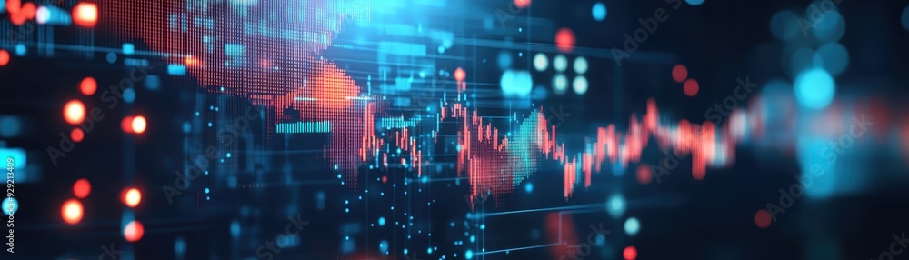 Poster abstract technology and finance background with digital data, charts, and futuristic graphics in red
