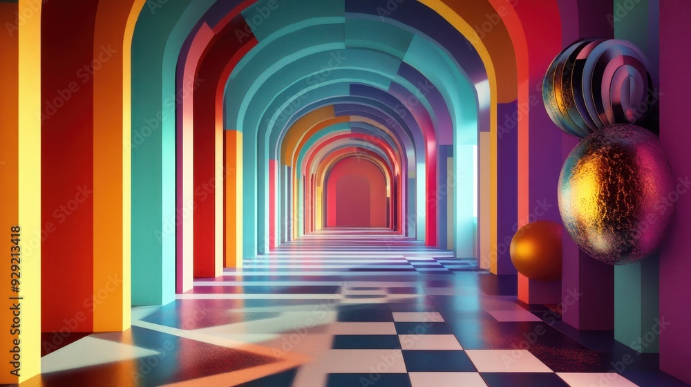 Aufkleber a vibrant, geometric hallway bathed in colorful light, showcasing modern architecture with an array 