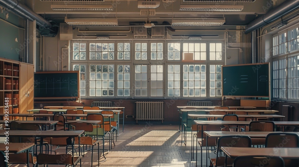 Poster a typical classroom setup with many desks and chairs