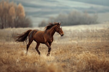 Naklejka premium A powerful wild horse runs through a misty meadow at sunrise, capturing the essence of freedom and nature's beauty.