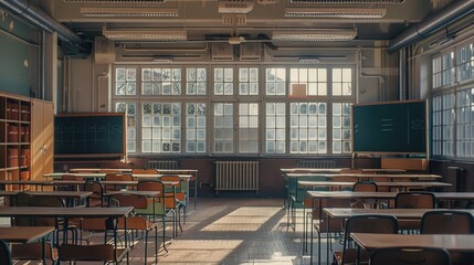 A typical classroom setup with many desks and chairs