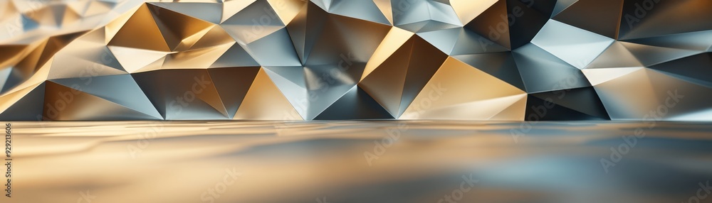 Poster abstract geometric background with low poly triangular shapes in metallic gold and silver tones. mod