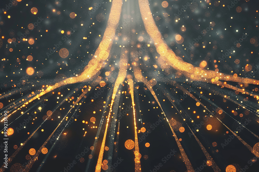 Poster abstract futuristic exploding pixel neon gold vibrant display of intertwined energy streams and shim