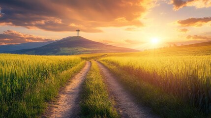 Obraz premium Concept of the journey towards destiny and spirituality.Landscape of crop fields and grassy meadows at sunset and road or path to the mountain with cross on top with generative ai