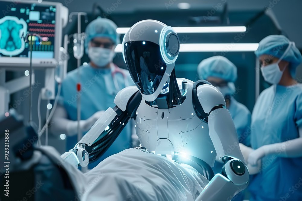 Poster high-precision programmable automated robot operating in futuristic hospital display showing vitals