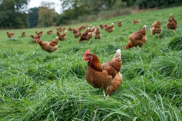 Fototapeta premium A group of chickens roaming freely in a lush green field