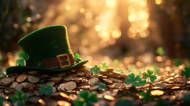 Leprechaun hat standing on a pile of gold coins with four leaf clovers at sunset