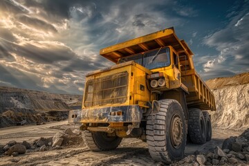A large yellow dump truck sitting on a dirt field, suitable for construction or agricultural use