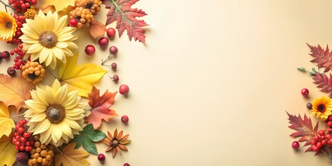 Obraz premium Beautiful autumn background, leaves, berries and flowers.