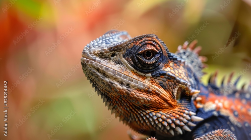 Poster detailed close-up of a colorful lizard showcasing its textured scales and vibrant patterns against a