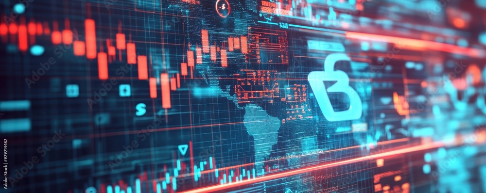 Poster digital financial data visualization showcasing cybersecurity and stock market trends with graphs an