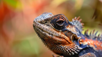 Fototapeta premium Detailed close-up of a colorful lizard showcasing its textured scales and vibrant patterns against a blurred natural background.