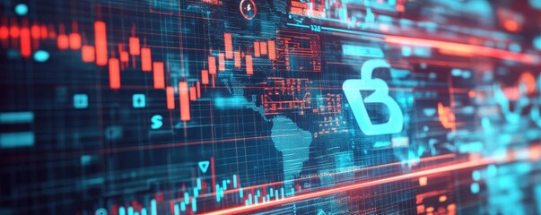 Fototapeta premium Digital financial data visualization showcasing cybersecurity and stock market trends with graphs and padlock icons. Futuristic technology concept.