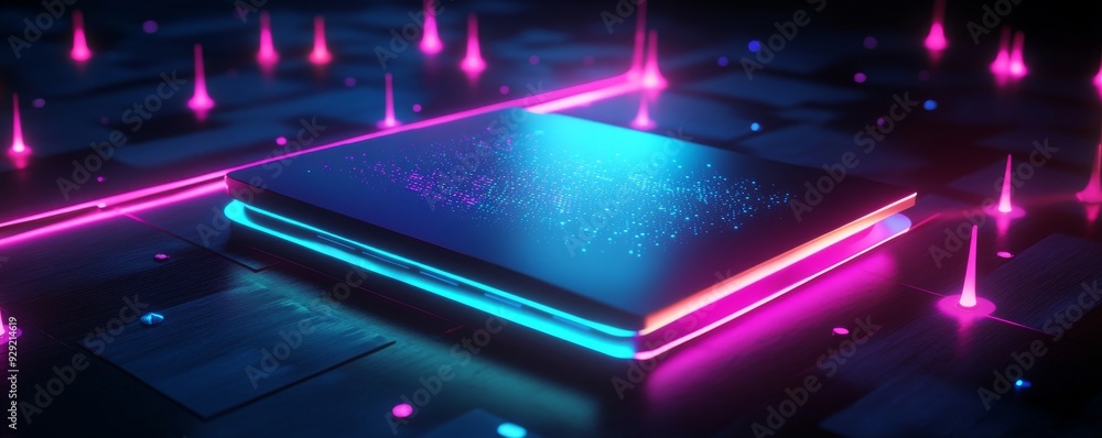 Poster quantum processor performing calculations with futuristic neon lights
