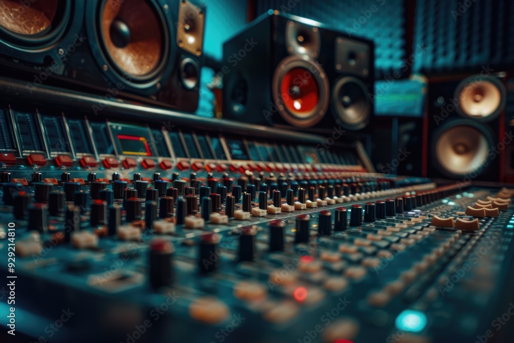 Aufkleber equipment and instruments setup in a professional recording studio soundboard