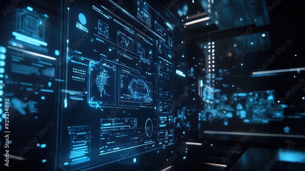 Poster futuristic digital interface with holographic data visualization in a high-tech environment, perfect
