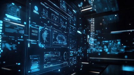 Fototapeta premium Futuristic digital interface with holographic data visualization in a high-tech environment, perfect for technology and innovation themes.