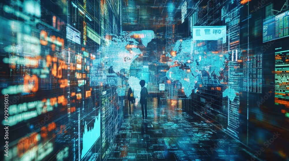 Poster futuristic digital world map with glowing data and code, representing global technology, connectivit