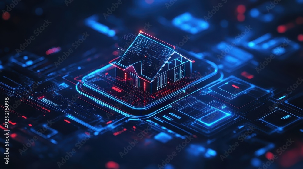 Poster futuristic smart home technology concept with a glowing house icon surrounded by digital circuits an
