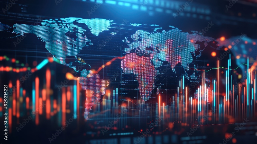 Poster global financial data visualization with world map, glowing charts and graphs. perfect for analytics