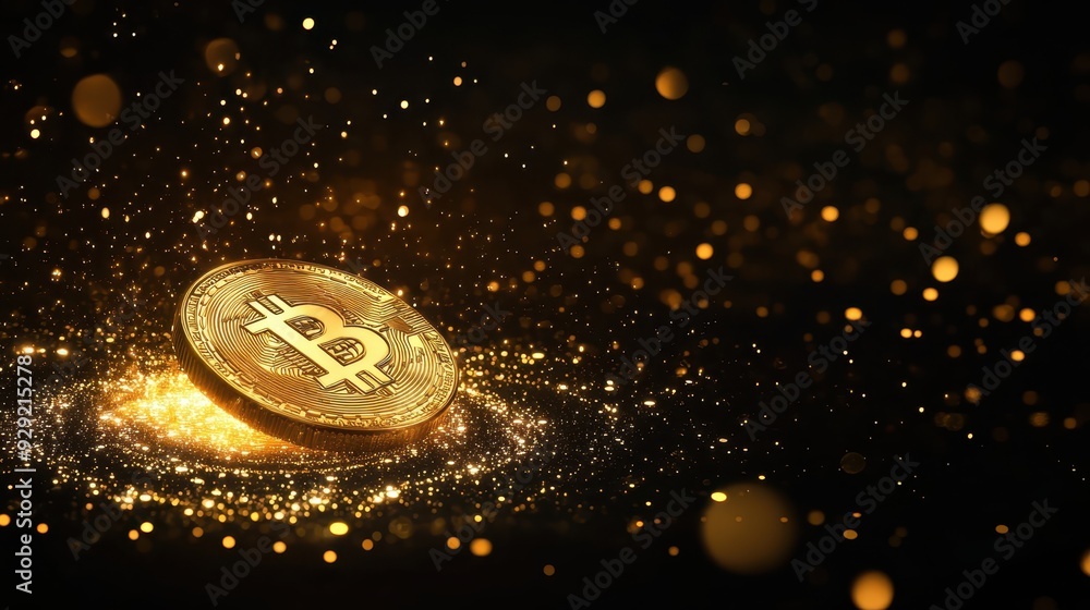 Aufkleber golden bitcoin coin surrounded by sparkling particles, symbolizing the digital cryptocurrency revolu