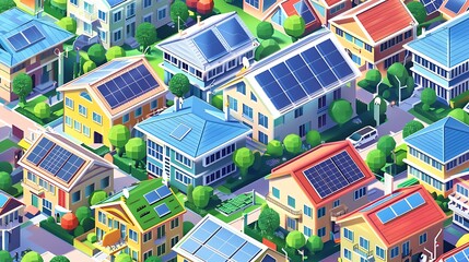 Solar-powered cityscape in vibrant isometric vector style, showcasing houses, offices, and apartments with solar panels on rooftops and in gardens